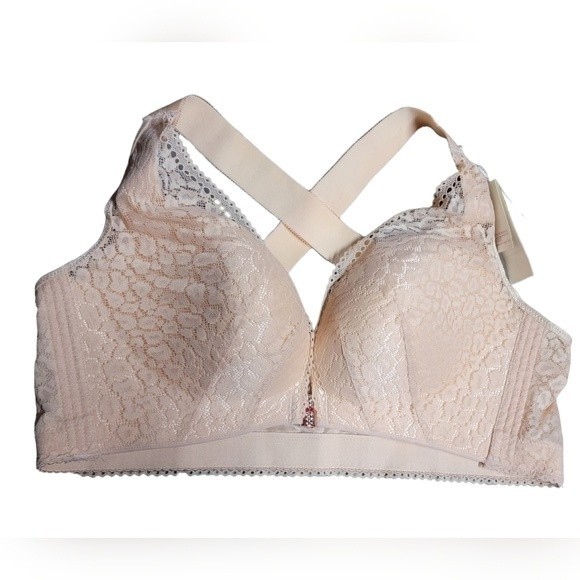 Doosinki Nude Lace Front Snap Wireless Cross Strap Bra Size 46 NWT - Picture 4 of 6